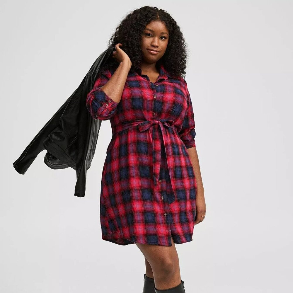 Mini Long Sleeve Button Front Flannel Shirt Dress